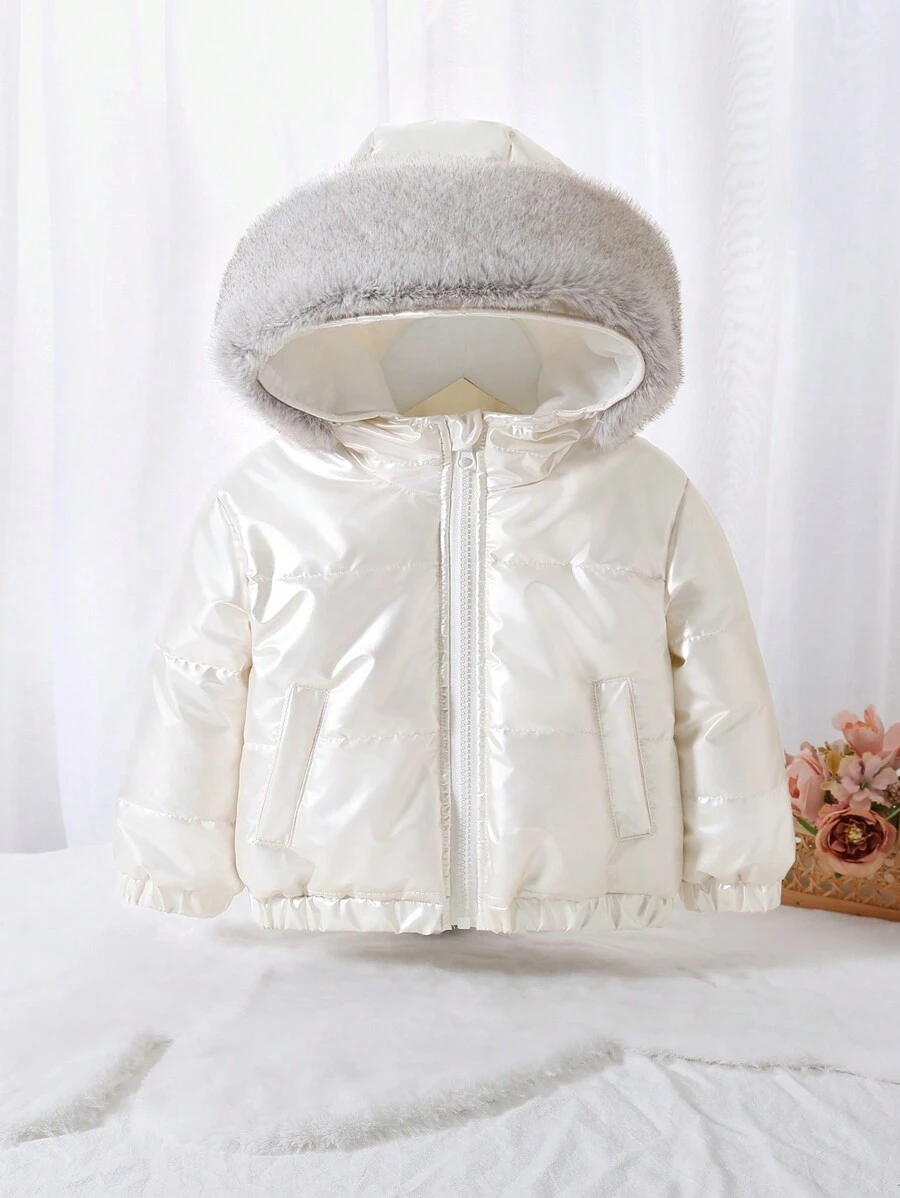Baby Girl Thick Thermal Lined With Fur Collar Silver Warm Casual Sports Jacket, Autumn/Winter - Apricot - View 1
