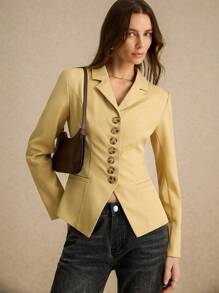Poéselle 鹅黄色驳领单排扣长袖优雅西装外套，秋季，秋季女装，立体剪裁，收腰设计，舒适面料，时尚色彩，老钱风格，Siren Office，适合日常街头通勤穿着，FW24秋冬系列 - 芥末黃 - 查看 3
