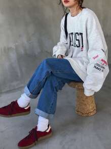 FRIFUL 女士宽松字母印花落肩卫衣，适合秋冬季节，长袖上衣，保暖内衬 - 灰色 - 查看 2