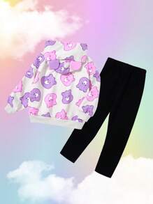 SHEIN X Care Bears 年轻女孩 2 件套卡通熊印花连帽运动衫和紧身裤套装 - 彩色 - 查看 4