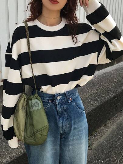 FRIFUL Women's Casual Oversized Round Neck Long Sleeve Striped Loose T-Shirt, Fall/Winter, Unisex