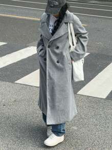 SHEIN EZwear 女士纯色长袖休闲双排扣翻领羊毛大衣，秋冬 - 灰色 - 查看 6