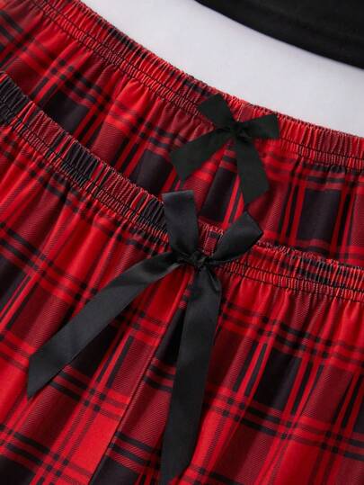 Set: Spaghetti Strap Top, Bow Plaid Printed Shorts Pants, view 4