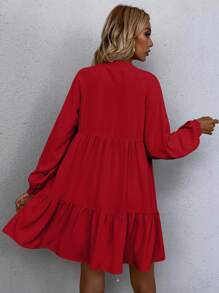 SHEIN LUNE 女士纯色系带领灯笼袖休闲宽松娃娃裙春夏新年家居服 - 紅色 - 查看 2