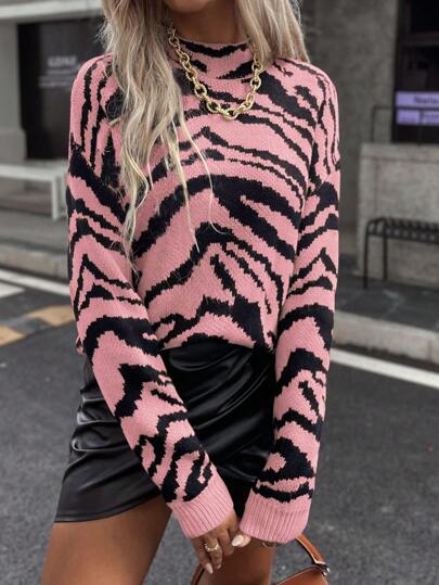 Chiquease Women Zebra Pattern Stand Collar Batwing Long Sleeve Casual Loose Knitted Pullover Sweater, Autumn Winter,Long Sleeve Tops  Fall Outfit