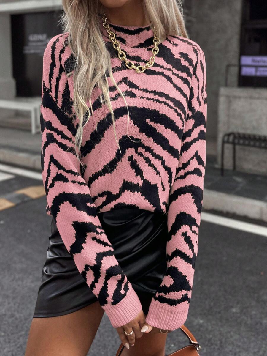 EMERY ROSE 女士斑马纹立领蝙蝠袖长袖休闲宽松针织套头毛衣,秋冬款,长袖上衣,秋季 - 彩色 - 查看 1