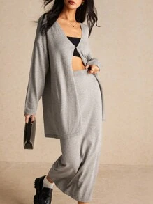 Poéselle 2 件/套罗纹纯色针织毛衣开衫套装，新款开衫低腰裙毛衣两件套，秋季毛衣，秋季套装，开衫长款，基本款，FW24 - 淺灰色 - 查看 1