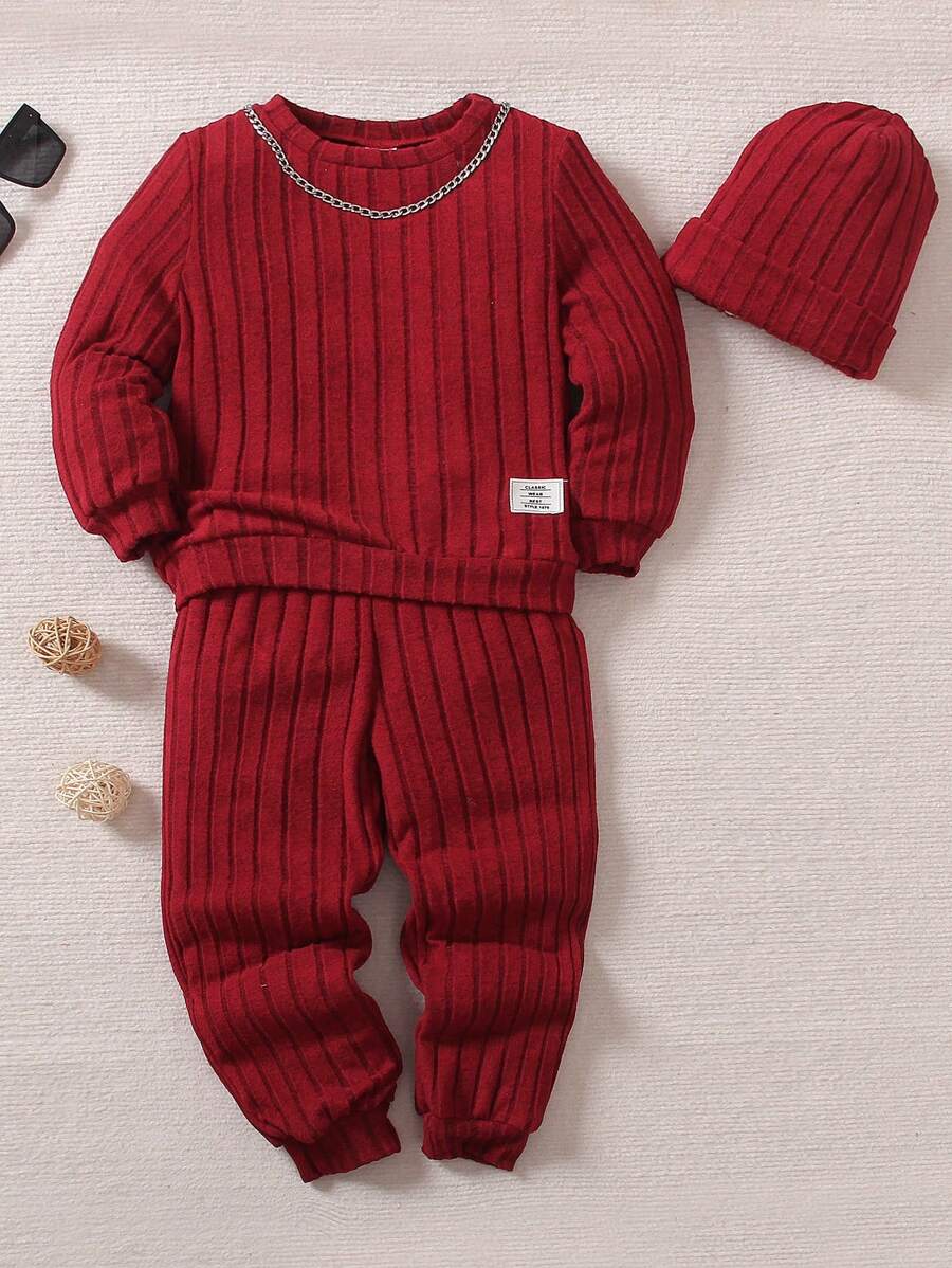 SHEIN 3 件套年轻男孩圆领长袖时尚上衣、直筒休闲裤和时尚帽子