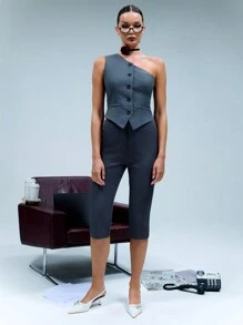 SHEIN Unity 女士前扣式不对称肩部仿口袋休闲背心 - 灰色 - 查看 5