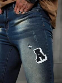 Manfinity Homme Men's Dark Blue Washed Elastic Denim Skinny Jeans - Dark Wash - View 5