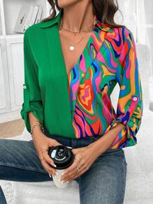 SHEIN Clasi Blouse longue manches à col châle avec bloc de couleurs à motif vague (imprimé aléatoire) pour femmes