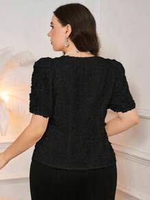 Mulvari Plus Size Summer Elegant Solid Color Cutout Puff Sleeve Blouse - Black - View 2