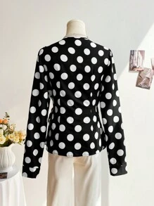 SHEIN Privé 女士优雅波尔卡圆点印花系带衬衫，秋季衬衫。适合职场女性的完美衬衫。长袖衬衫。返校节。商务休闲女士，黑白衬衫 - 彩色 - 查看 5