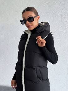 EURMUSE Reversable 2 Side Different Color, Hooded, Two Pocket Long Padded Winter Coat - Black - View 3