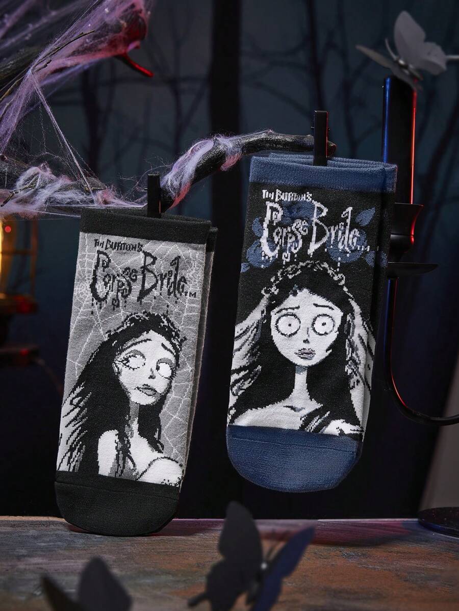 Corpse Bride X SHEIN 2pcs/Set Women Comfy Cartoon Design Ankle Socks,Lover In Wedding, Gifts For Valentine's Day,Valentine's Day