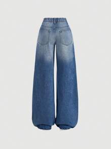 SHEIN PETITE Jeans de Halloween para mujer pequeña, jeans Y2k, jeans para mujer con cintura baja suelta y pierna ancha sexy para mujeres altas, atuendos de otoño, pantalones anchos para mujer, jeans de vuelta al colegio, ropa escolar para mujer, jeans de pierna recta, jeans rectos, pantalones anchos para mujer, azul - Lavado ligero - Ver 2