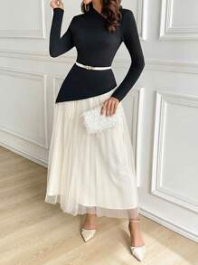 Modelyn Women's Asymmetric Neckline Long Sleeve Color Block Arabian Modest Dress Long Evening Dresses