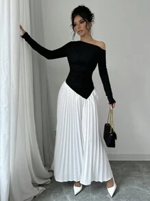 Rafferiza Women's Asymmetrical Neck Ruched Fitted Ruched Hem Elegant Dress Maxi Women Outfit Fall Cloth For Women - Black and White - View 6