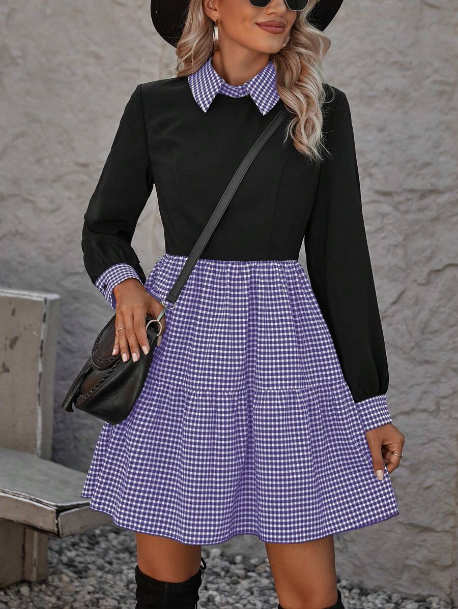 SHEIN Clasi 格纹印花荷叶边下摆长袖连衣裙 - 彩色 - 查看 1