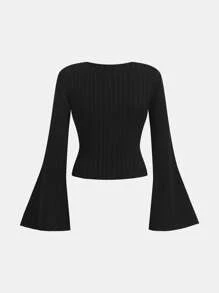 Teen Girl Elegant Square Collar Ruched Ribbon Bow Knit Flare Sleeve Ribbed Knit T-Shirt - Black - View 2