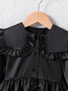 SHEIN Baby Girls Casual Black Satin Shawl Collar Ruffle Cuff & Hem Mid-Length Jacket, Fall/Winter