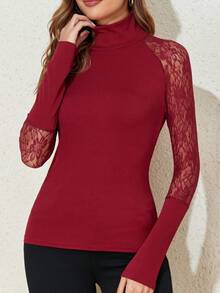 Women's Spring & Summer Solid Color Lace Patchwork Turtleneck Long Sleeve T-Shirt - Burgundy - View 3