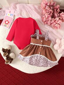 SHEIN 2pcs/Set Baby Girl Solid Color Long Sleeve Romper And Fashionable Leopard Print Cami Dress Outfit - Multicolor - View 2