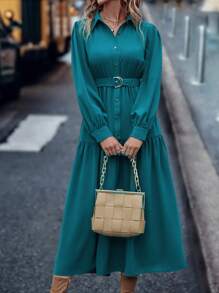 SHEIN LUNE Đầm sơ mi tay bồng màu trơn đơn giản cho nữ mùa xuân hè maxi trang phục nữ - Màu xanh bụi bặm - Xem 5