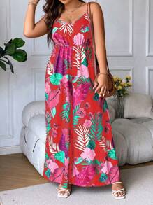 Breezaya 大码细肩带露背优雅全身印花连体裤 - 紅色 - 查看 6