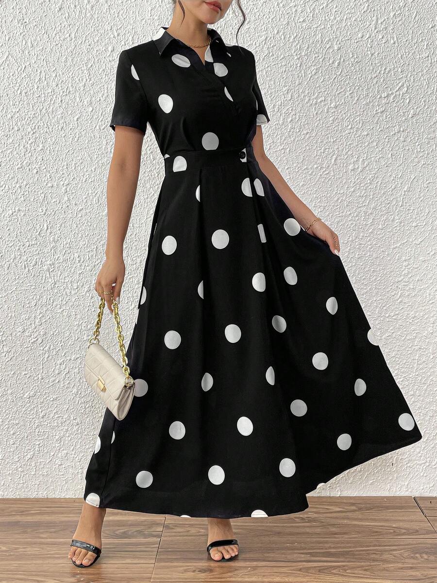 SHEIN Clasi Elegant Polka Dot Print Button Design Dress, Summer - Black and White - View 1