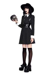 ROMWE Avant 星期三角色扮演波尔卡圆点印花女式连衣裙，万圣节 - 黑與白 - 查看 5