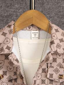 Camisa con estampado integral y shorts a juego con estampado integral, cuello cuadrado de moda básica retro para niños pequeños, apropiado para primavera y verano - Marrón - Ver 4