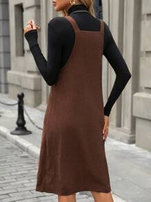 SHEIN LUNE Solid Color Thick Strap Sleeveless Mid-Length Dress, Autumn/Winter Corduroy Women Outfit