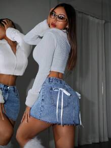 SHEIN PETITE Women's Casual Denim Mini Skirt With Bow Accent, Denim Skirt,Jeans Skirt, Clothes,Homecoming,Denim Mini Skirt,Women Jeans Skirt,Winter Women Clothes,Blue Homecoming Skirt