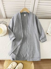 Girls Casual Long Sleeve Solid Knitted Cardigan Sweater Outerwear, Comfortable And Soft Fabric, Suitable For Daily Wear And School, Fashionable Style