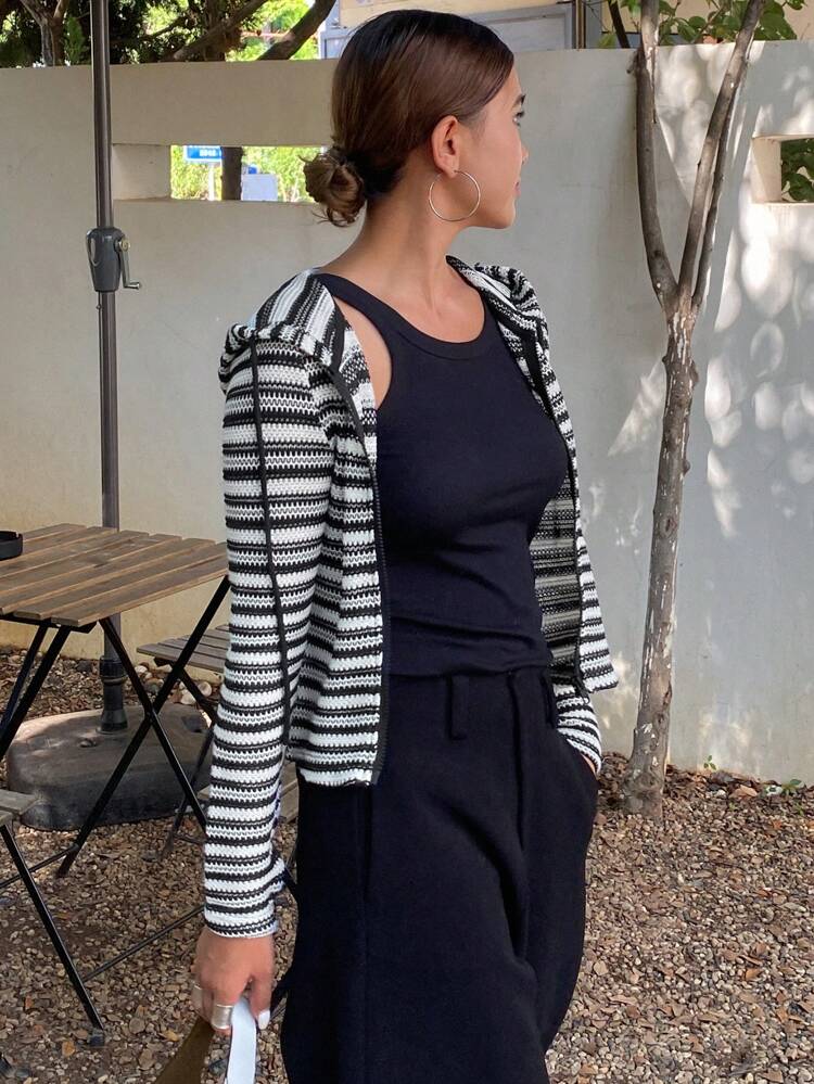 1pc Women's Hooded Casual Striped Fitted Jacket Women Coats