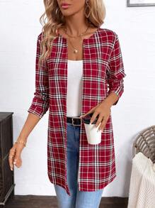 SHEIN Clasi Karierte Jacke in Mittellänge, für Frühling & Herbst - Bordeaux - Übersicht 3
