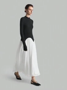 Ontre Women's Color Block Long Sleeve High Neck Pleated Dress, Elegant Women Fall Dresses For Occasion - Black and White - View 7