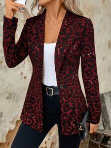 SHEIN Clasi 秋冬款豹纹单扣长袖女式西装外套 - 酒紅色 - 查看 6