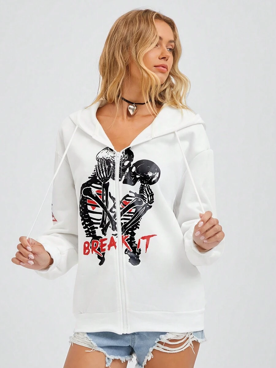 SHEIN EZwear Skeleton Pattern White Oversized Hoodie, Casual Sweatshirt For Fall & Winter, Halloween - White - View 1