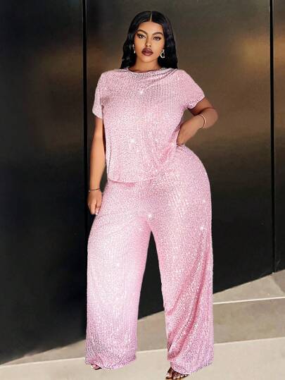 Slaydiva Plus Women 2 Pcs Sequin Casual Short Sleeved T-Shirt And Straight Pants Set-C