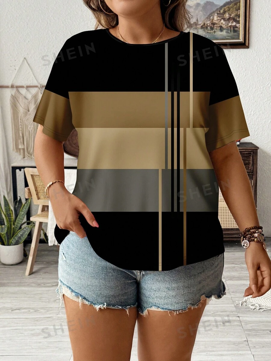 SHEIN LUNE Camiseta holgada de talla grande con estampado de rayas minimalista casual, para verano