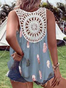 Breezaya Plus Size Women's Summer Feather Print Hollow Out V-Neck Tank Top With Back Cut Out Graphic Tees Women Tops - Baby Blue - View 2