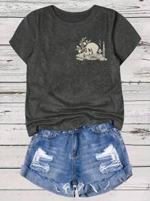 SHEIN LUNE Plus Size Skull Print Casual Short Sleeve T-Shirt, Graphic Tee, Women Summer Top - Dark Grey - View 3