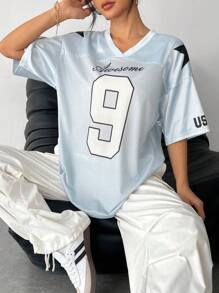 SHEIN PETITE 街头活动缎面字母星星印花男友风格宽松针织 T 恤，棒球服 - 藍色 - 查看 1