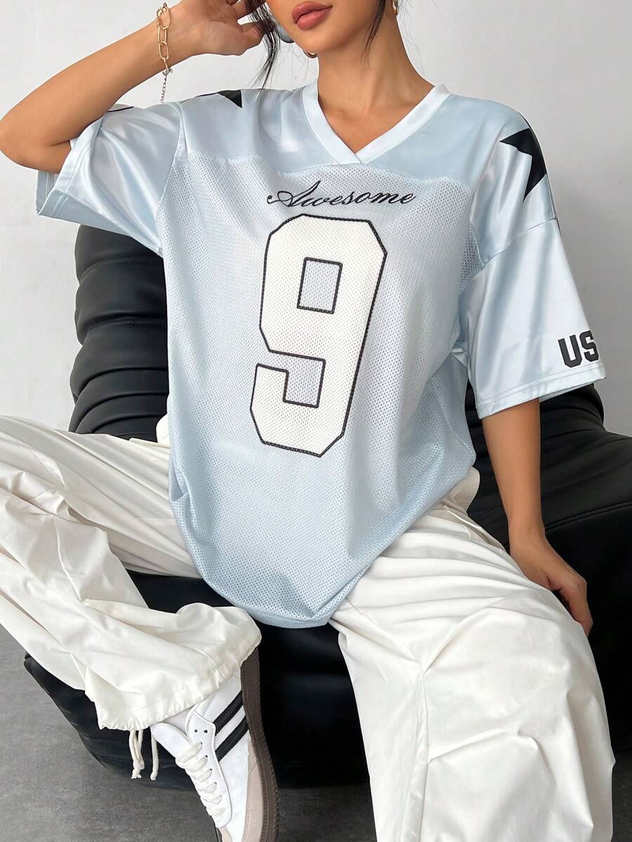 SHEIN PETITE 街头活动缎面字母星星印花男友风格宽松针织 T 恤，棒球服 - 藍色 - 查看 1