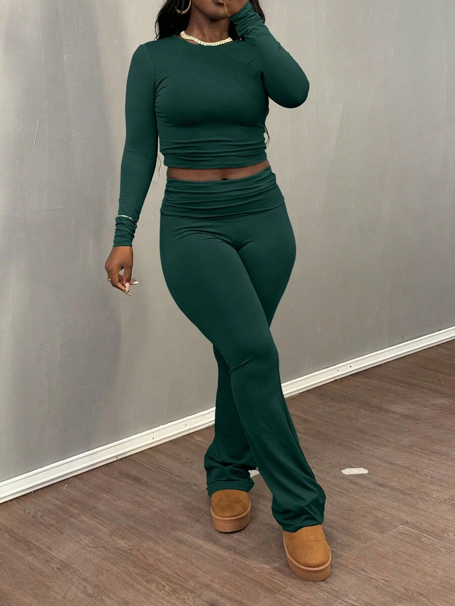 Women's Solid Color Round Neck Long Sleeve T-Shirt And Pants Casual Matching Set, Spring/Summer - Màu xanh lá cây đậm - Xem 1