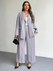 SHEIN Privé Plus Size Elegant Business/Party Suit Set - Long Sleeve Blazer Jacket & Trousers - Grey - View 7