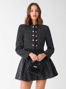 Enchnt Spring/Summer Romantic Women's Black Plaid Fashionable Metal Buttons Decor Long Sleeve Fringe Casual Tweed Jacket,Sweet&Elegant Outfit For Party And Sweet Date Night &Holiday & Graduation Dress&Daily Commuting&Vacation - Black - View 10