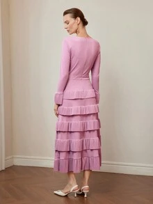 MOTF PREMIUM 纯色喇叭袖层叠荷叶边下摆连衣裙（无腰带） - 粉色 - 查看 8